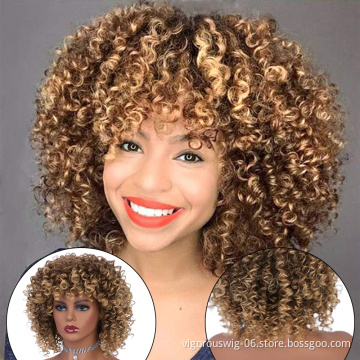 Vigorous natural ombre blobde non lace afro kinky curly short bob cheap wig synthetic hair blend wigs